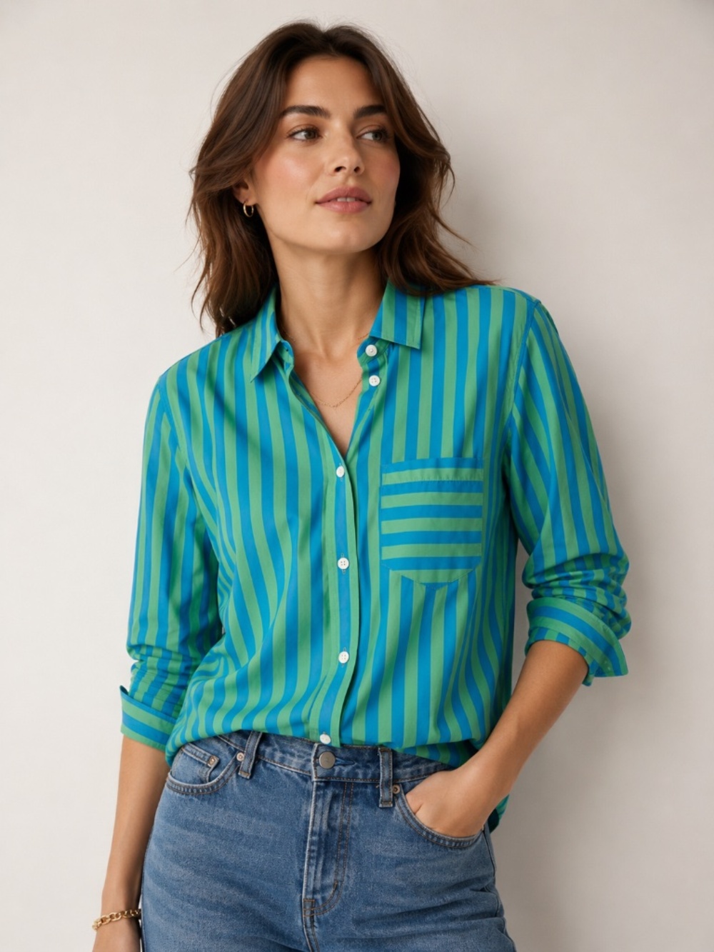 J.Crew Classic Stripe Button Front Shirt Blue Green 100% Cotton Women’s size 12